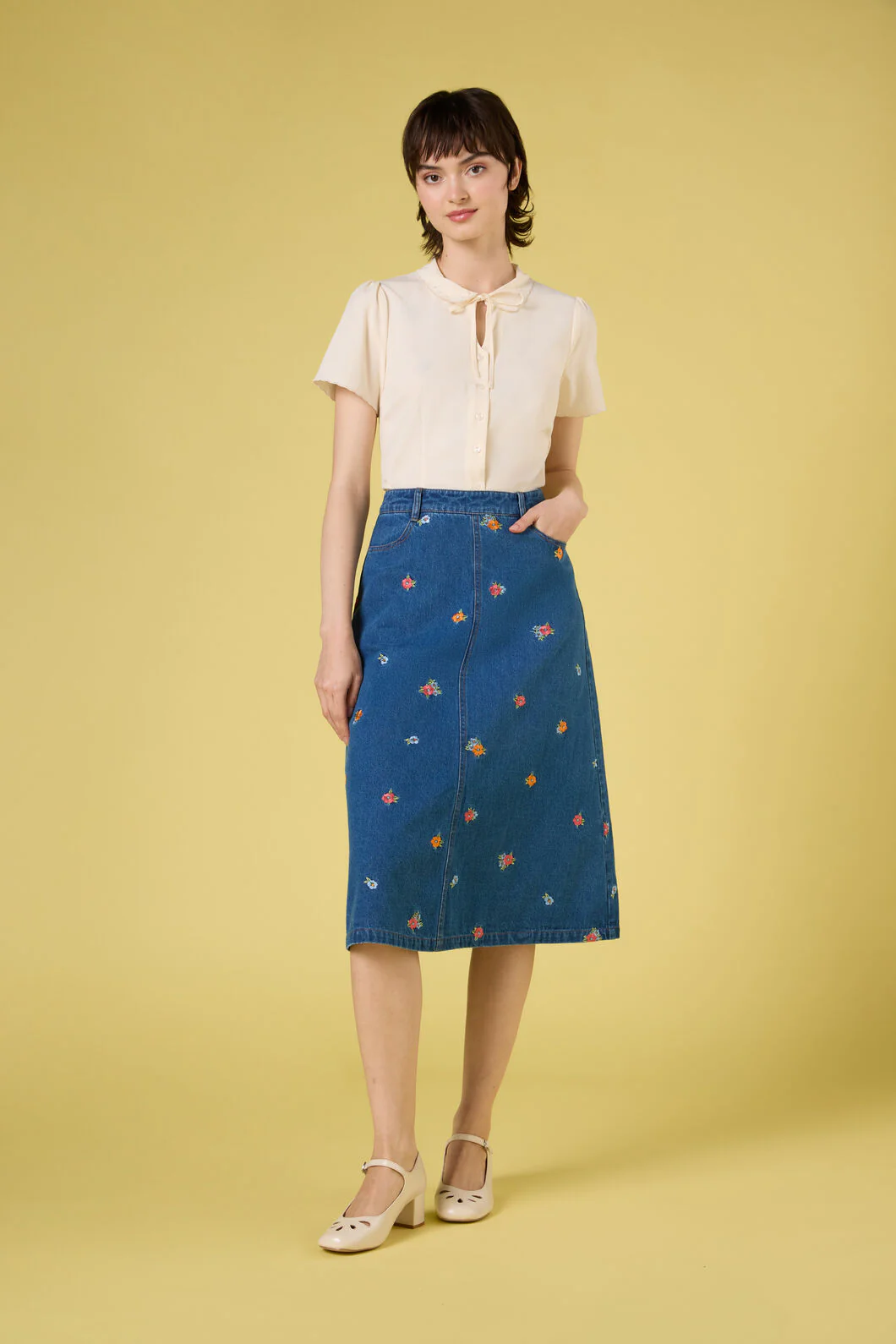 Floral Embroidered Denim Skirt
